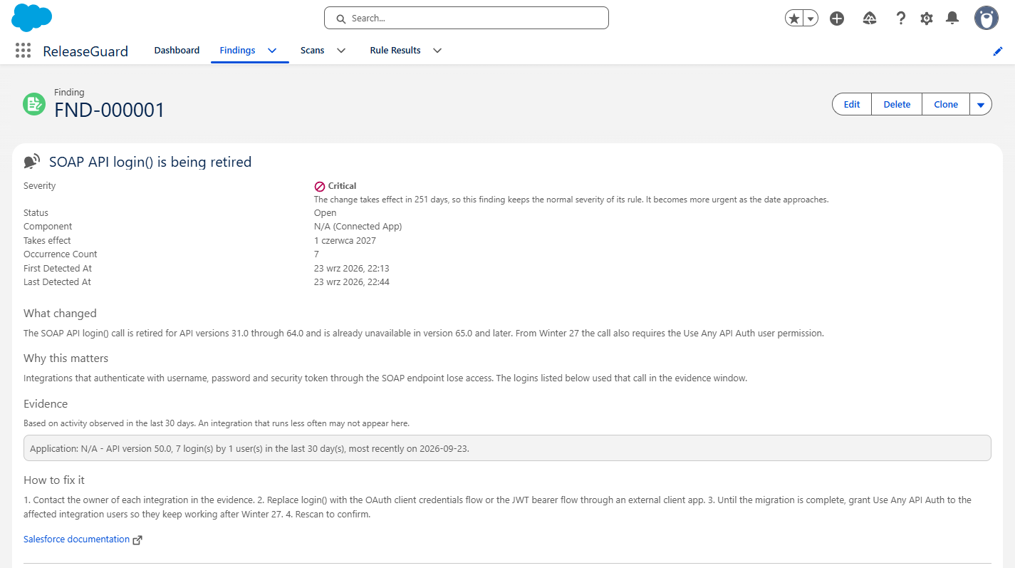 Finding detail for the SOAP API login() retirement with severity, evidence and numbered steps to fix it