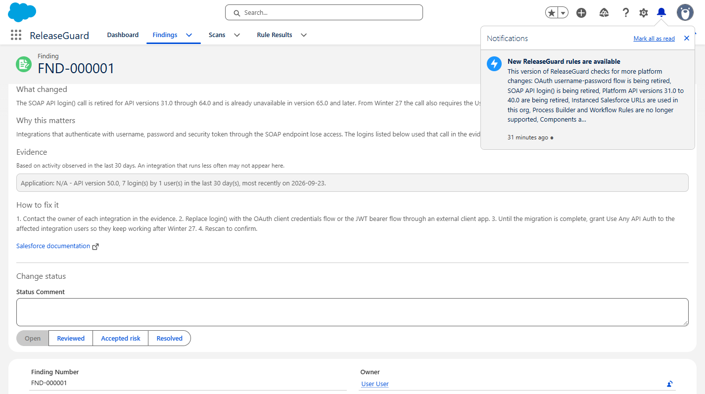Salesforce notification announcing that new ReleaseGuard rules are available